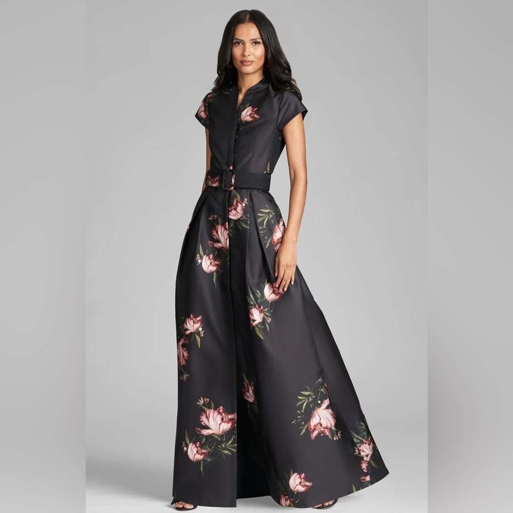 new Sachin and Babi Marta mikado belted gown in noir blossom floral print